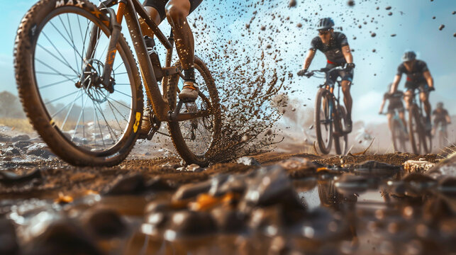 Dynamic 3D scene of a mountain bike race rugged terrain realistic textures of mud and rocks cyclists navigating obstacles immersive perspective
