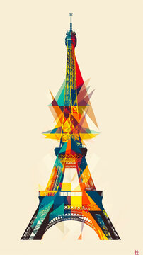 Stylized digital illustration of the Eiffel Tower reduced to minimalist geometric shapes and bold colors creating a modern emblematic representation