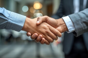 Professional and confident handshake between two businesspeople in formal attire symbolizing successful agreement