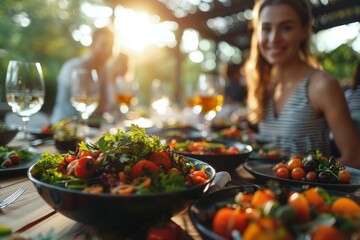 Healthy fresh salad in the foreground with a smiling woman in soft focus at a dinner table with friends
