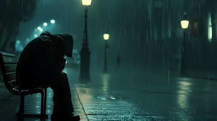 Solitude in the Rain: Contemplation under the Streetlights - obrazy, fototapety, plakaty