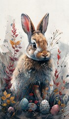 Easter bunny with painted eggs on a white background. Digital painting