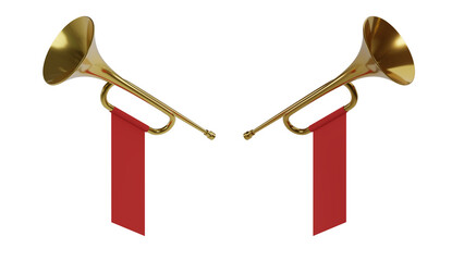 Two golden fanfare with red flags isolated on transparent and white background. Music concept. 3D render