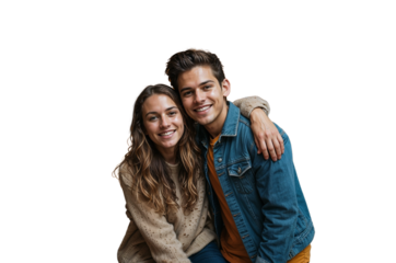 A young smiling couple hugging, dressed in casual clothes on a transparent background.