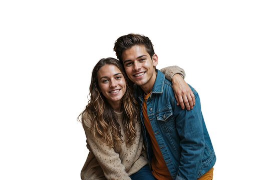A young smiling couple hugging, dressed in casual clothes on a transparent background. - Powered by Adobe