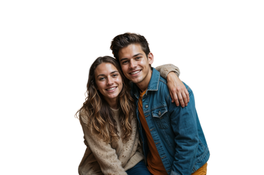 A young smiling couple hugging, dressed in casual clothes on a transparent background. - Powered by Adobe