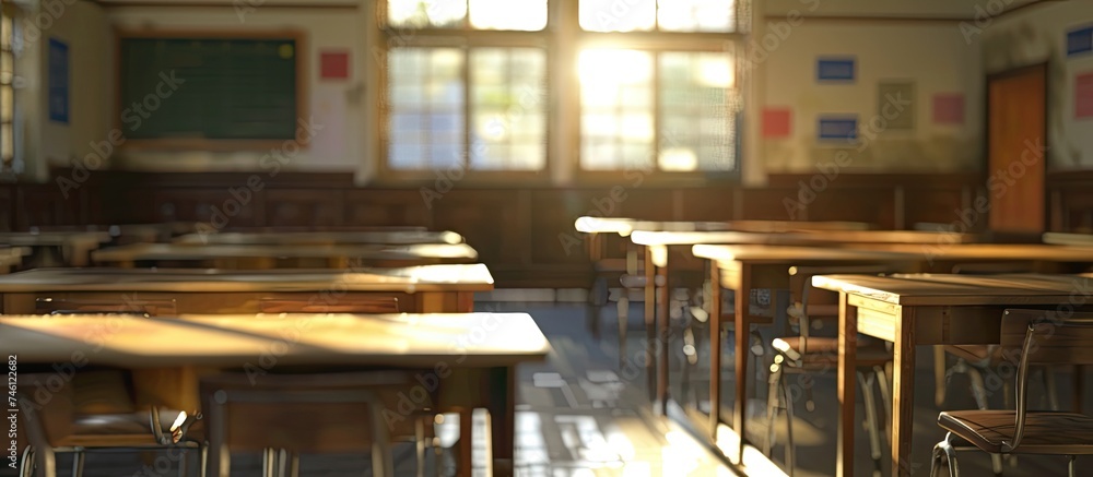 Poster an empty classroom with rows of desks and chairs neatly arranged. the room is quiet and still, with 