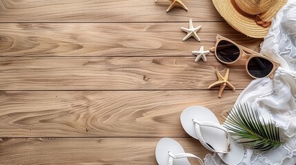 Tranquil beach scene with sunglasses and flip flops, ideal for vacation ad with space for text