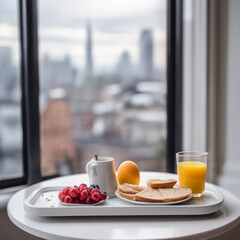 Closeup photo of a nutritious breakfast on a simple, white ceramic board sitting on a windowsill overlooking a bustling city street.