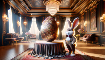 Easter bunny in showroom with high-end Easter egg - obrazy, fototapety, plakaty