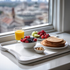 Closeup photo of a nutritious breakfast on a simple, white ceramic board sitting on a windowsill overlooking a bustling city street.