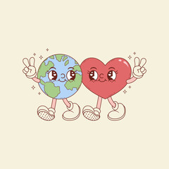 cute retro illustration of planet earth next to a heart 
