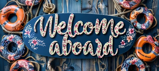 Cartoon lifebuoy with ropes vector on isolated background,  welcome aboard  text   nautical theme.