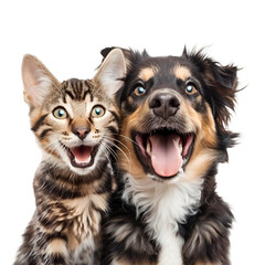 The Amazing Friendliness of Pets: A Portrait of a Happy Puppy and Kitten Looking at the Camera Together, A Testament to Dog and Cat Friendship, Isolated on Transparent Background, PNG