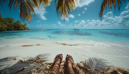 Tranquil beach scene with sunglasses and flip flops, ideal vacation destination with space for text
