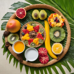 Closeup photo of a nutritious breakfast featuring exotic fruits and spices presented on a woven palm leaf tray, suggesting a tropical setting.