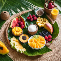 Obraz na płótnie Canvas Closeup photo of a nutritious breakfast featuring exotic fruits and spices presented on a woven palm leaf tray, suggesting a tropical setting.
