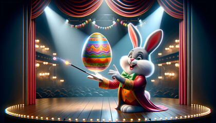 Easter egg on stage with a vibrant costumed bunny