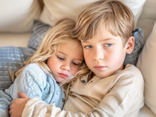 Closeup portrait of young blond boy and girl, brother and sister, looking sad and scared and hugging each other for comfort..  