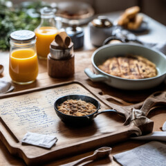 Closeup photo of a nutritious breakfast on a wooden board etched with handwritten recipes on a kitchen table with vintage cookware in the background.