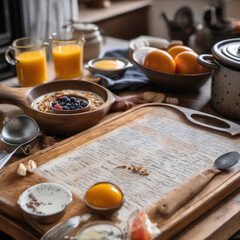 Closeup photo of a nutritious breakfast on a wooden board etched with handwritten recipes on a kitchen table with vintage cookware in the background.