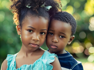Closeup portrait of young black boy and girl, brother and sister, shy and serious, looking  at the camera.
