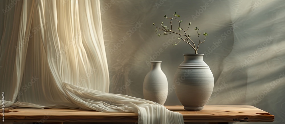Aufkleber three stylish gray clay vases are neatly arranged on a wooden table, creating a visually appealing d