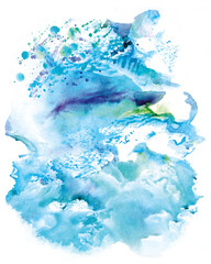 Background from Monotype in blue watercolor shades on a transparent background isolated on white