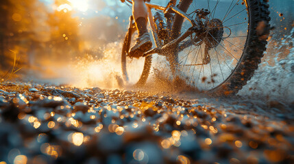 Cyclist speeding over gravel, water and mud - obrazy, fototapety, plakaty