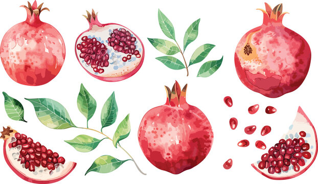 Vector watercolor pomegranate fruit set hand drawn vector illustration on white background. Pomegranate fruit whole and half and green leaves