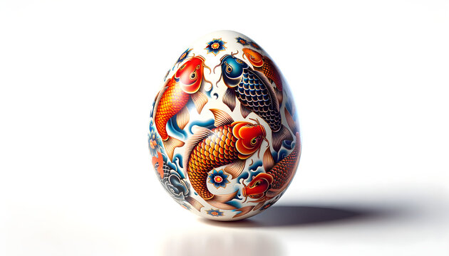 Koi fish tattoo motif on a stark white egg