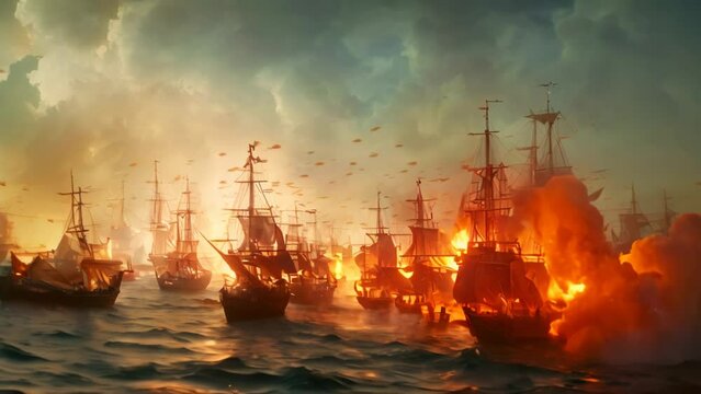 A sea battle between sailing ships and galleons from the 16th century. Pirate boats are on fire in the ocean as cannons shoot fire. AI-generated of fantasy digital painting.