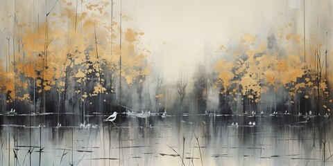 AI Generated. AI Generative. Abstract drawing painting watercolor nature outdoor forest trees lake with birds landscape background. Graphic Art