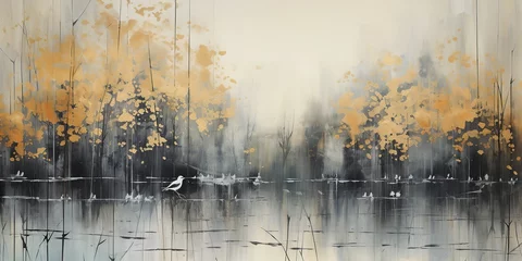 Fototapeten AI Generated. AI Generative. Abstract drawing painting watercolor nature outdoor forest trees lake with birds landscape background. Graphic Art © AkimD