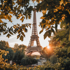 Sunset View of the Eiffel Tower Through Foliage