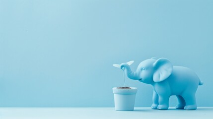 Serene illustration showcasing a peaceful blue elephant tenderly watering a budding plant in a tranquil blue setting