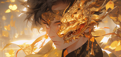 boy with white and gold dragon anime style - obrazy, fototapety, plakaty