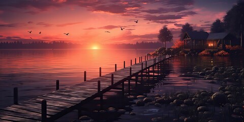 AI Generated. AI Generative. Sunset outdoor nature landscape background with pier at lake with birds. Calm relaxing peace vibe. Graphic Art