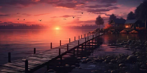 Rolgordijnen AI Generated. AI Generative. Sunset outdoor nature landscape background with pier at lake with birds. Calm relaxing peace vibe. Graphic Art © AkimD