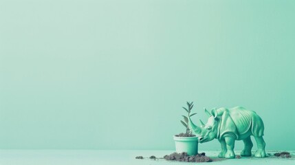 Minimalist image of a green rhino figurine seemingly eating from a potted plant on a green background - obrazy, fototapety, plakaty
