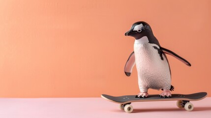 Adorable penguin wearing sunglasses riding a skateboard against a soft peach background, showcasing style and fun