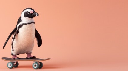 A cool penguin figure confidently riding a skateboard against a peach-colored background