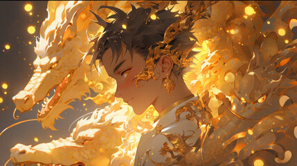 boy with white and gold dragon anime style