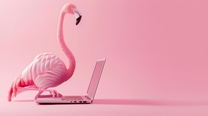 An elegant flamingo figure striking a pose while interacting with a white laptop on a pink background