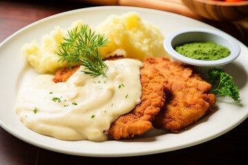 Pork schnitzel mushroom sauce plate. Cuisine lunch. Generate Ai