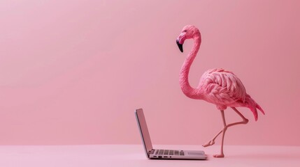 A pink flamingo model poses elegantly beside a modern laptop on a cyan background