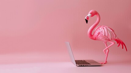 A creatively composed scene with a flamingo balancing on one leg whilst using a laptop on pink backdrop