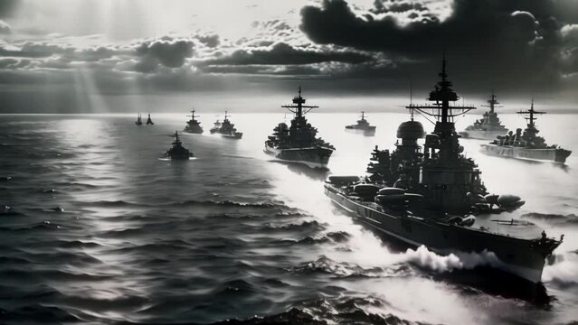 20th-century 2nd World War sea battle with carriers and warships. AI-generated rendering and vintage black and white image. Vintage American navy army fleet on the sea.