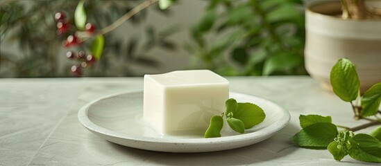 A white plate holding a block of butter sits next to a small potted plant. The butter exudes a creamy texture, contrasting with the green of the plant.