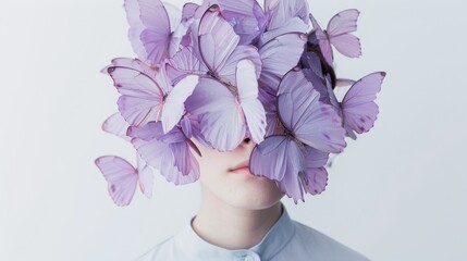 Close-up of a person with purple butterflies covering their closed eyes and face, exuding a sense of peace and being one with nature